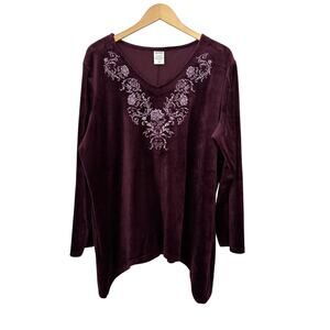 BLAIR Womens 2XL Velour Velvet Tunic Top Dark Purple Fairy V Neck Floral‎ Boho
